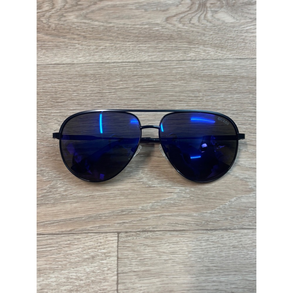 GUESS Aviator Sunglasses Black Metal Frame Blue Mirrored Lens